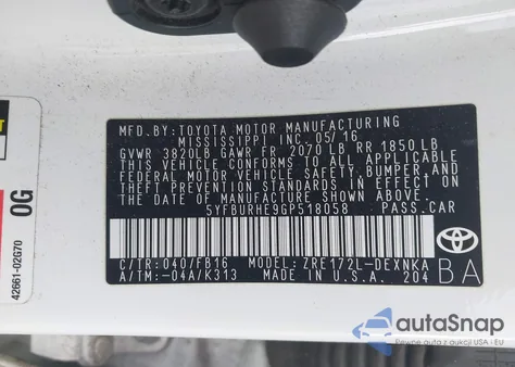 2016 Toyota Corolla Le from USA, damaged, VIN 5YFBURHE9GP518058